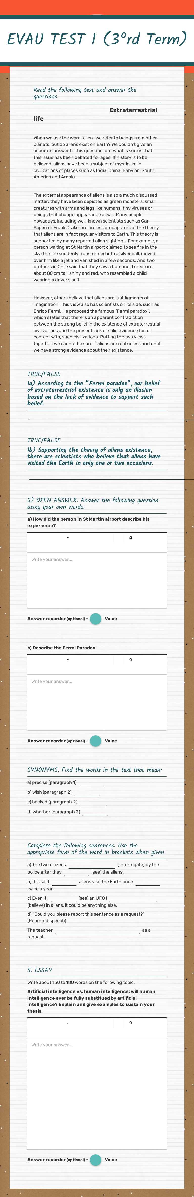 EVAU TEST 1 (3ºrd Term) worksheet preview image