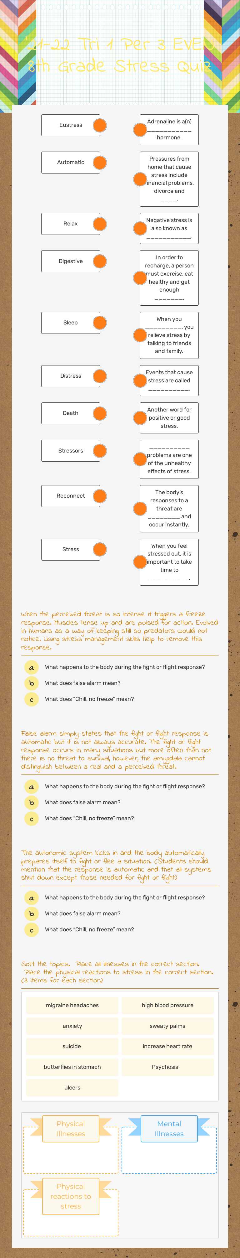 '21-22  Tri 1 Per 3 EVEN           8th Grade Stress Quiz Grade 8 worksheet preview
