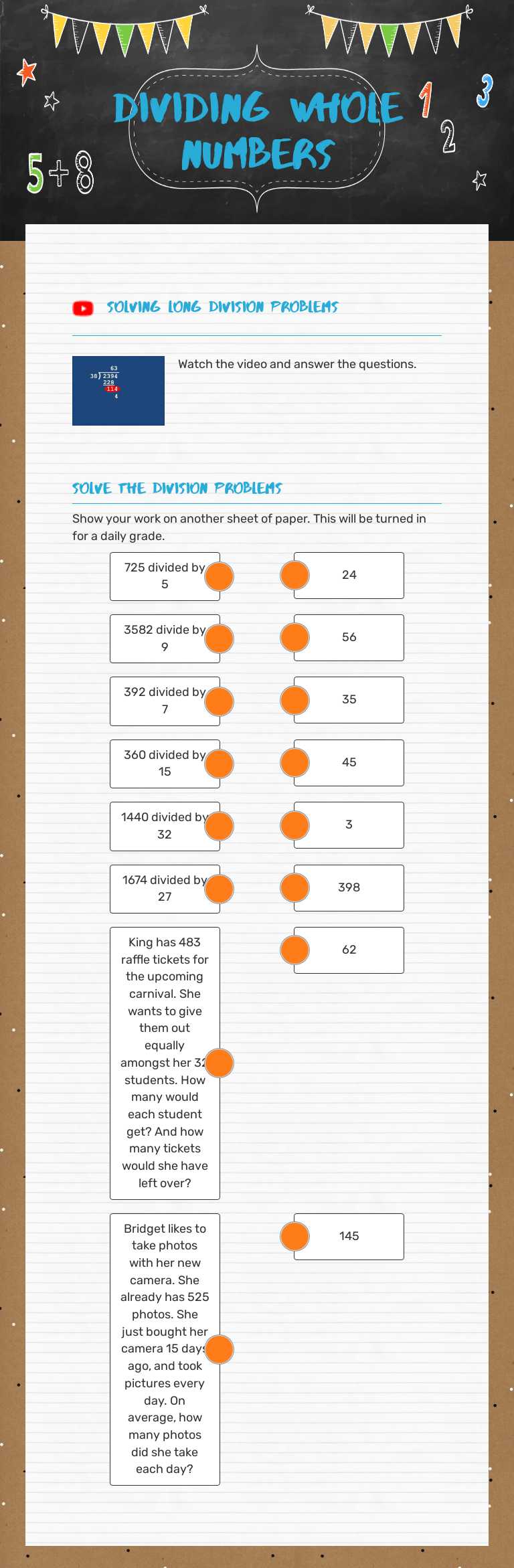 Dividing Whole Numbers Grade 5 worksheet preview