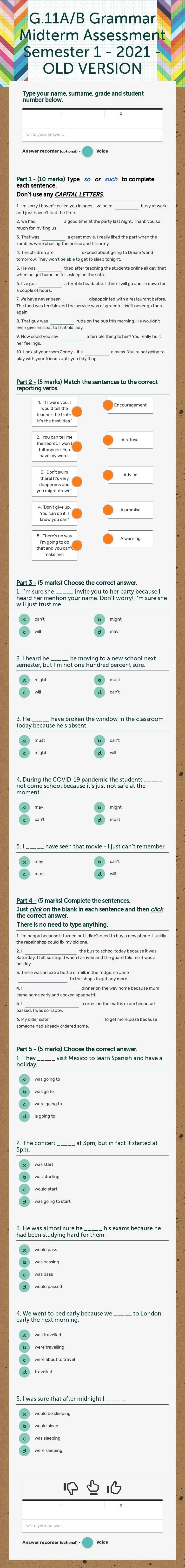 G.11A/B Grammar Midterm Assessment Semester 1 - 2021 - OLD VERSION worksheet preview image