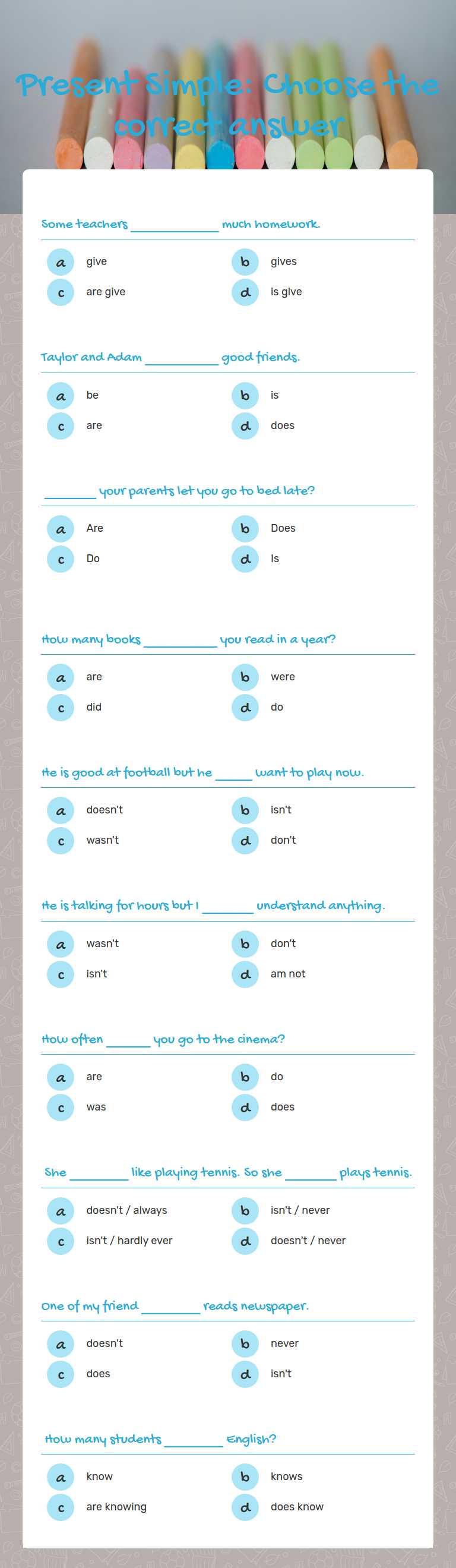 Present Simple: Choose the correct answer worksheet preview image