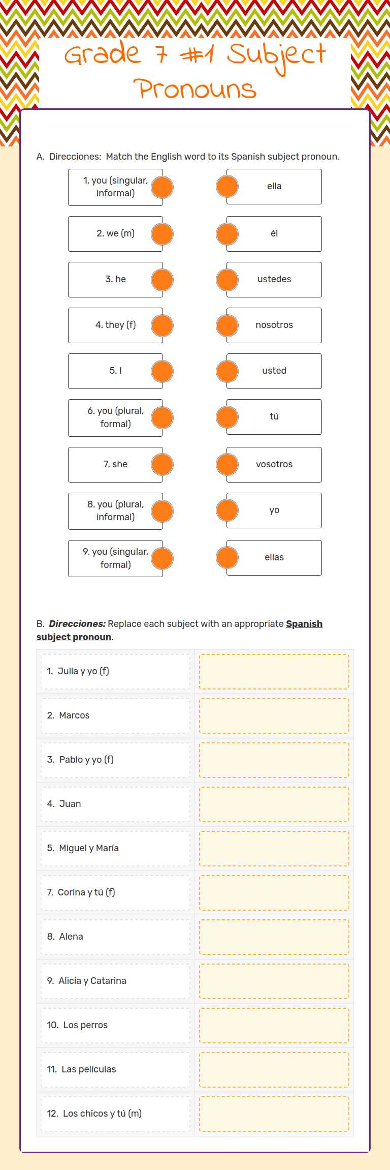 Grade 7 #1 Subject Pronouns Grade 7 worksheet preview