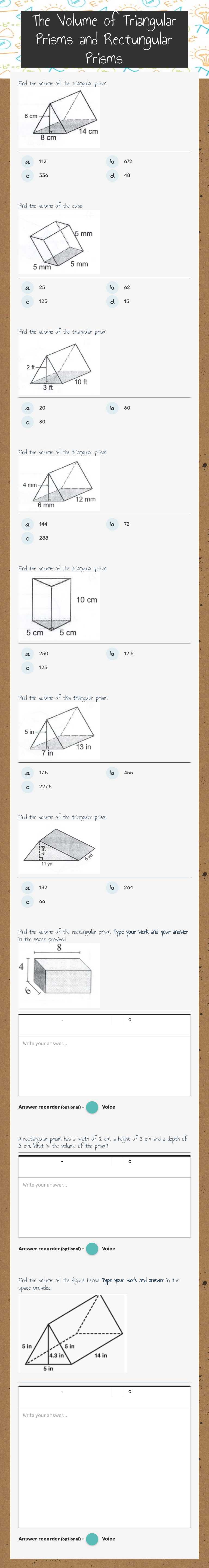 The Volume of Triangular Prisms and Rectungular Prisms worksheet preview image