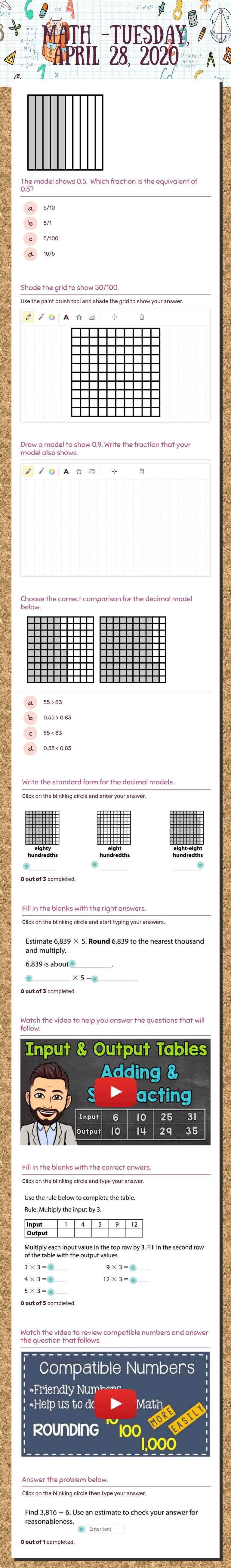 Math -Tuesday, April 28, 2020 worksheet preview image