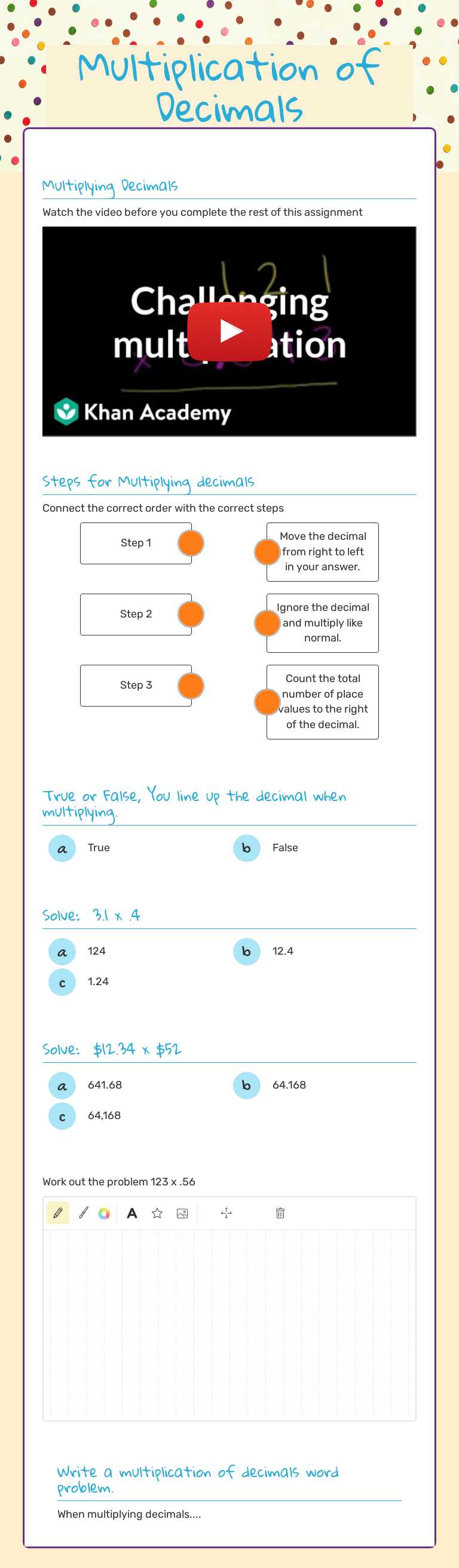 Multiplication of Decimals worksheet preview image