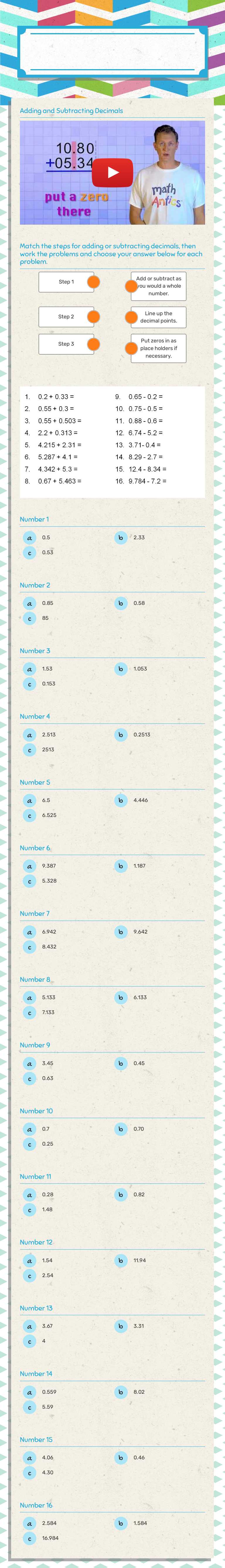 02Adding and subtracting decimals worksheet preview image