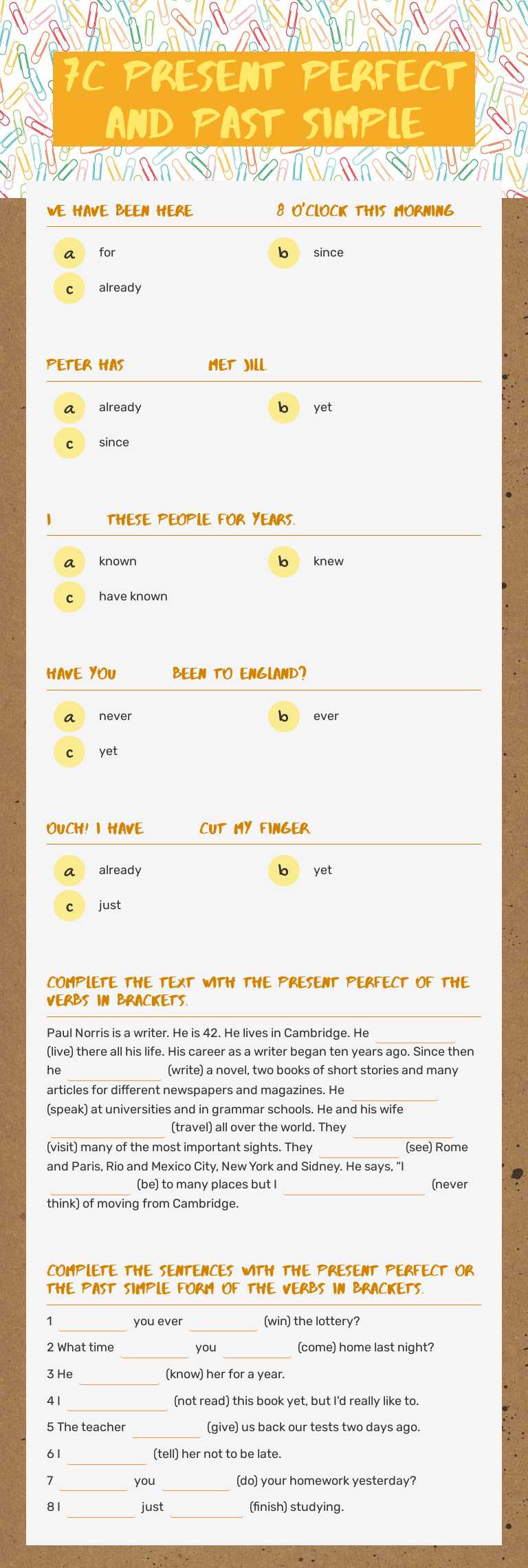 7C Present Perfect and Past Simple worksheet preview image