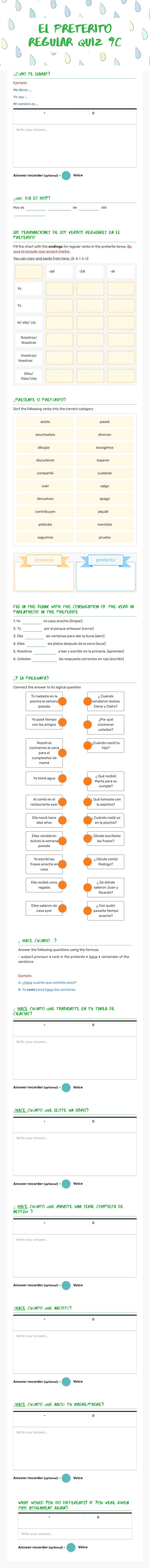 El preterito Regular quiz 9C worksheet preview image
