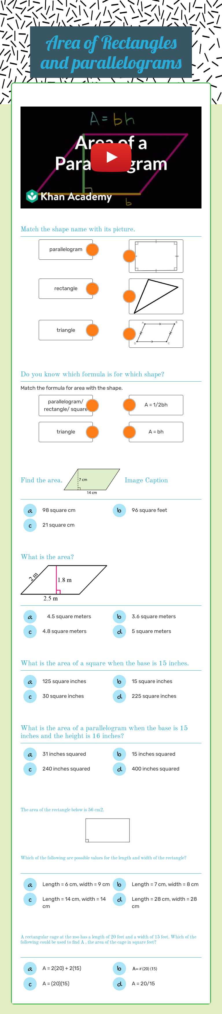 Area of Rectangles and parallelograms worksheet preview image