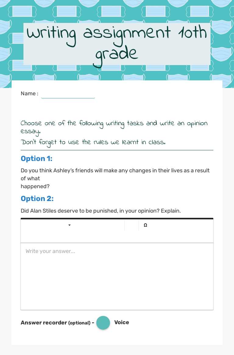 Writing assignment     10th grade worksheet preview image