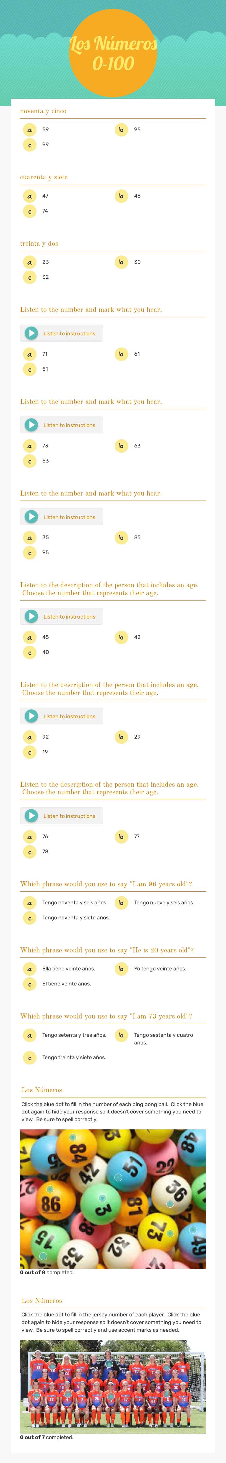 Los Números 0-100 worksheet preview image