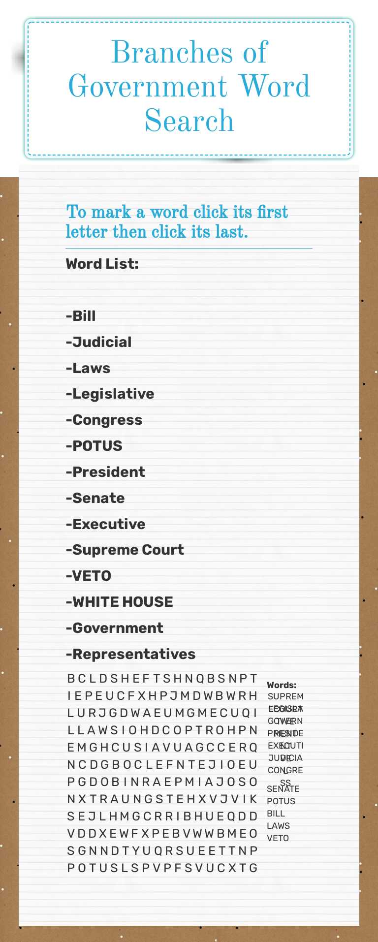 Branches of Government Word Search worksheet preview image