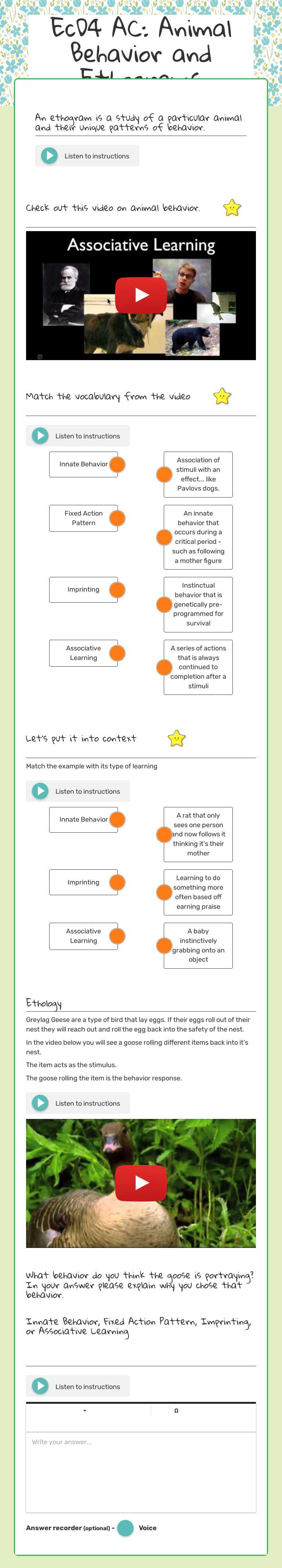 EcD4 AC: Animal Behavior and Ethograms worksheet preview image