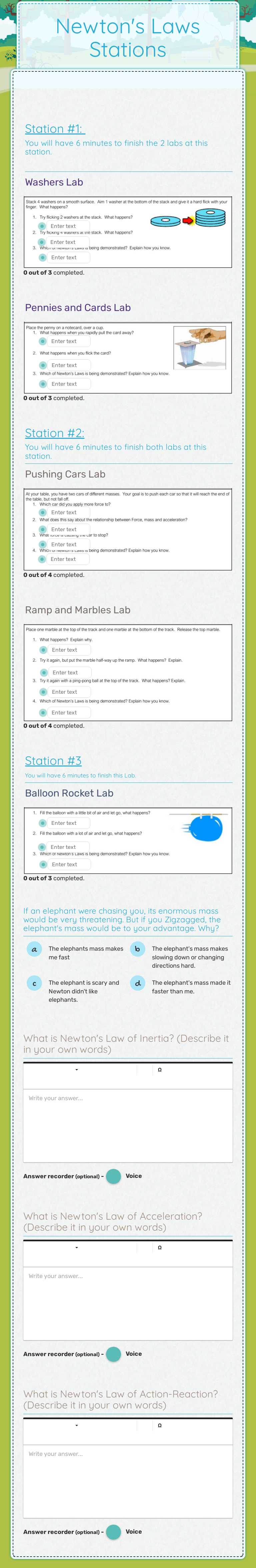 Newton's Laws Stations worksheet preview image