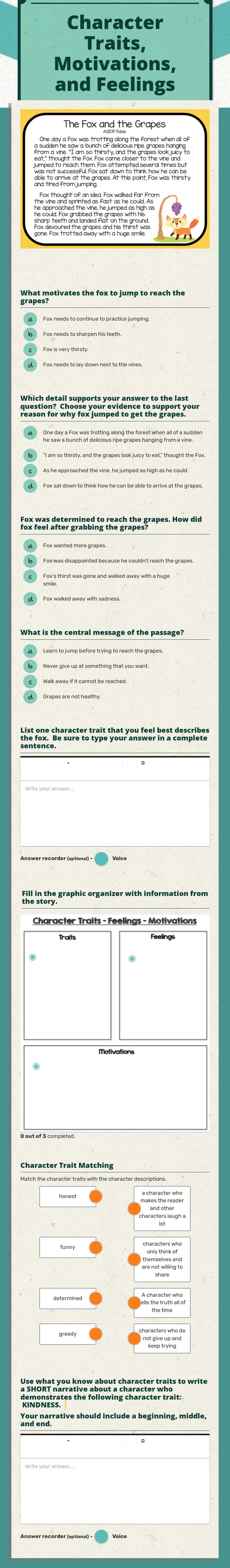 Character Traits, Motivations, and Feelings Grade 4 worksheet preview