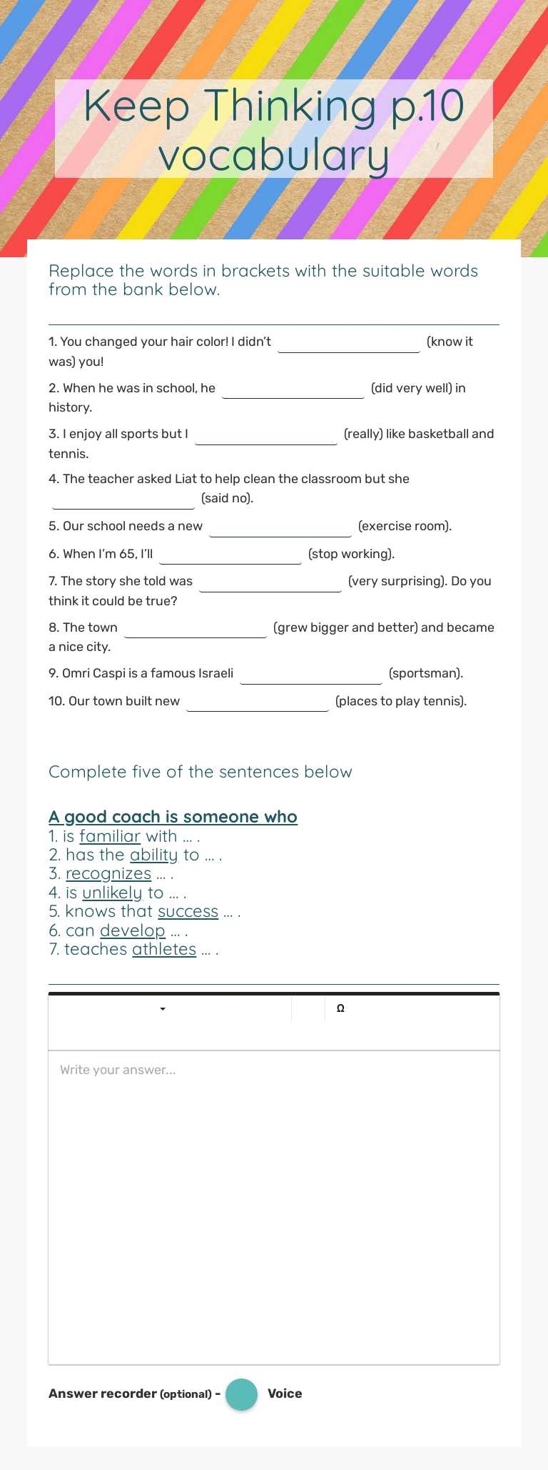 Keep Thinking p.10 vocabulary worksheet preview image