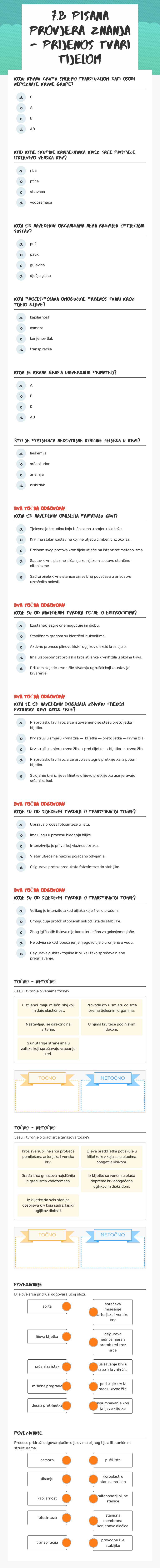 7.B pisana provjera znanja - Prijenos tvari tijelom worksheet preview image
