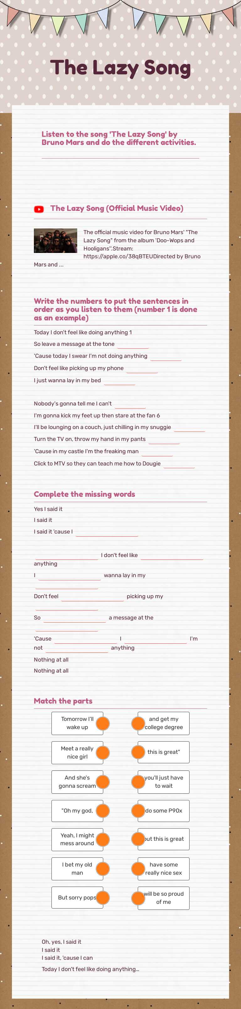 The Lazy Song worksheet preview image