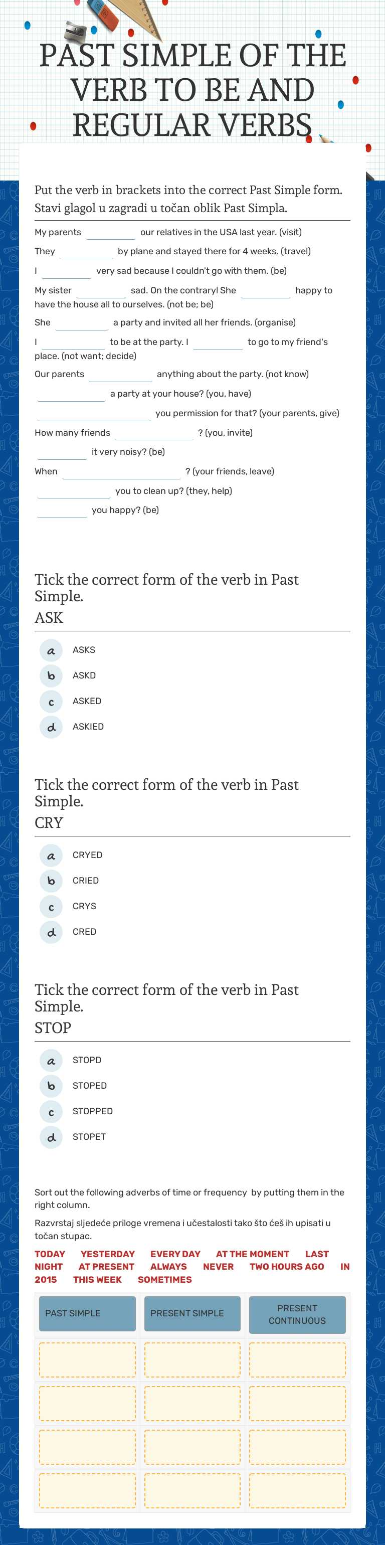 PAST SIMPLE OF THE VERB TO BE AND REGULAR VERBS worksheet preview image