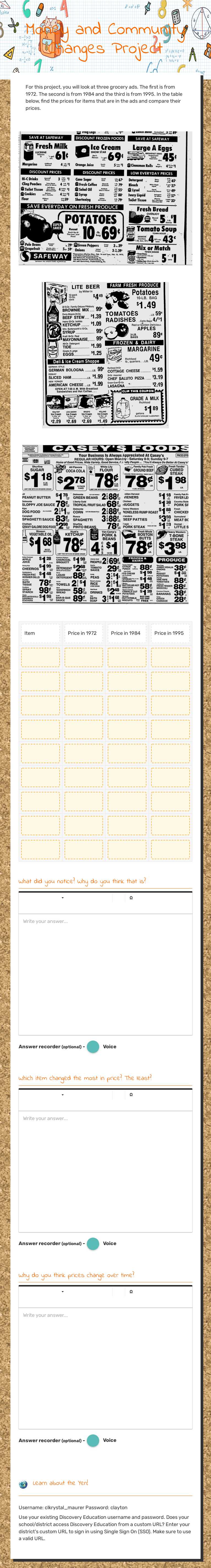 Money and Community Changes Project worksheet preview image