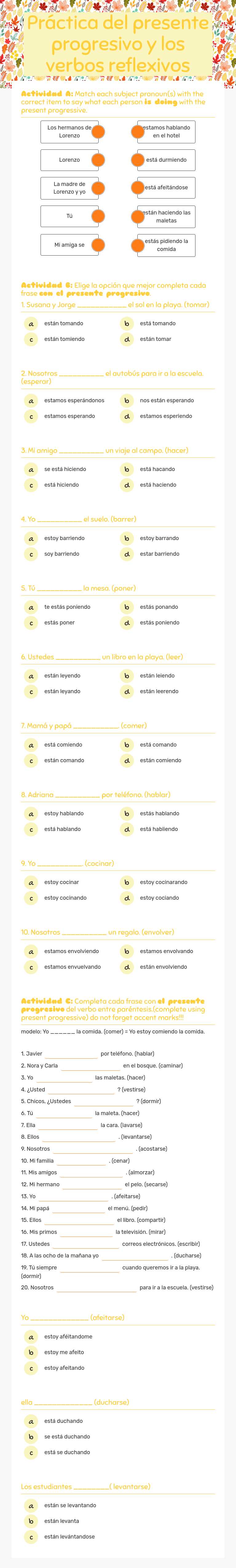 Práctica del presente progresivo y los verbos reflexivos worksheet preview