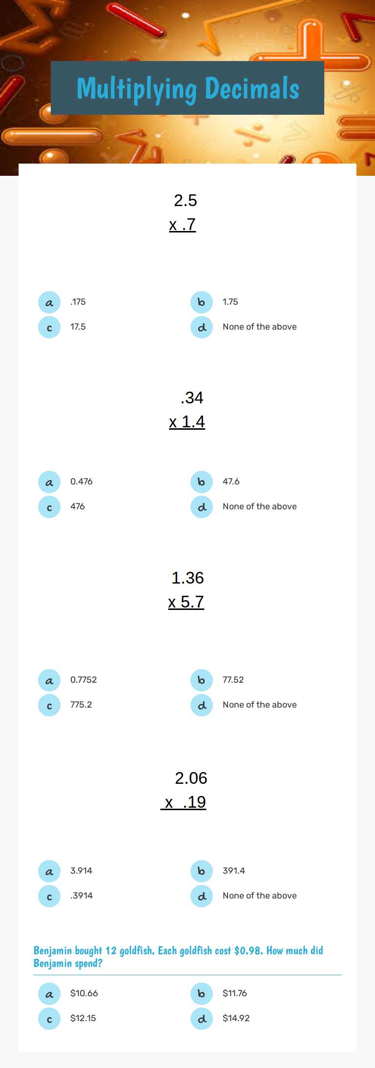 Multiplying Decimals worksheet preview image
