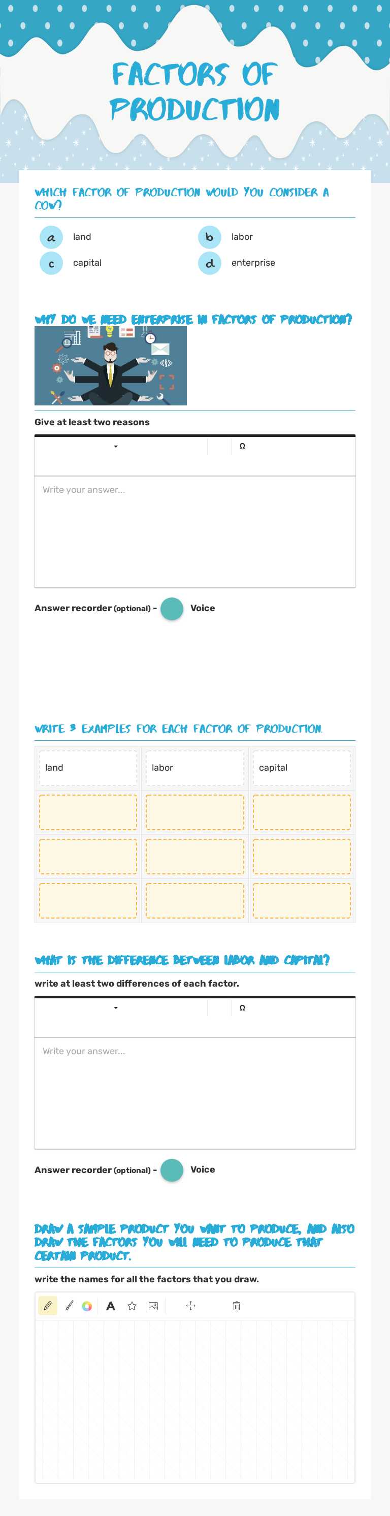 factors of production Grade 7 worksheet preview
