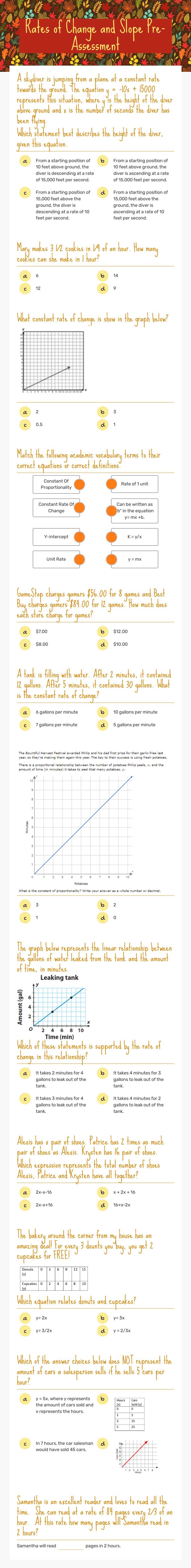 Rates of Change and Slope Pre-Assessment worksheet preview image