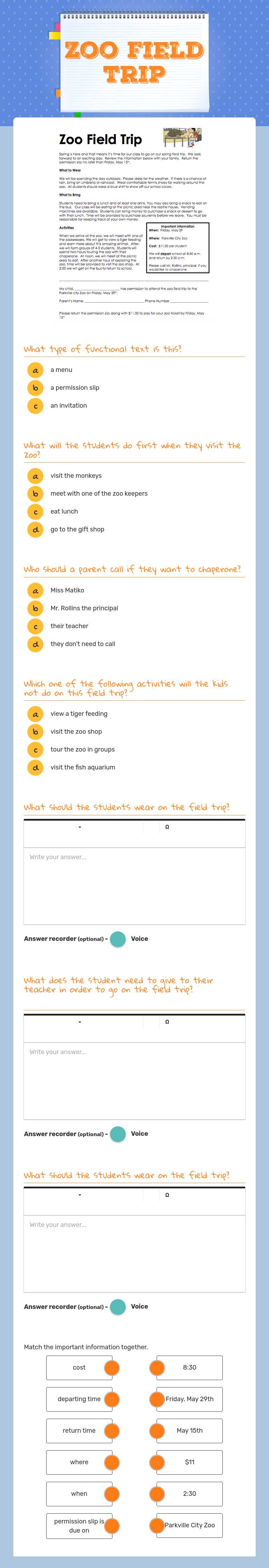 Zoo Field Trip worksheet preview image