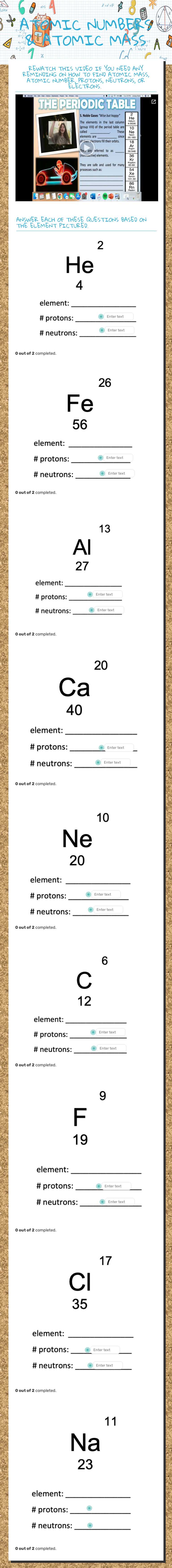 ATOMIC NUMBERS & ATOMIC MASS worksheet preview image