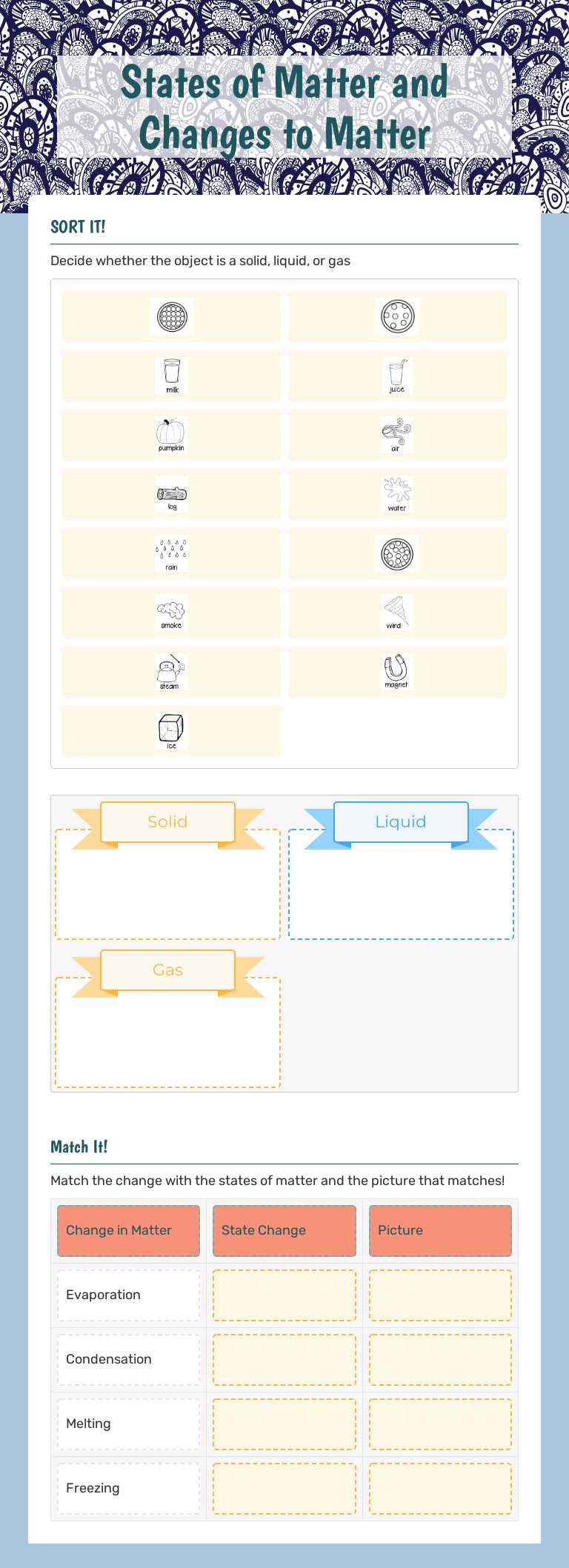 States of Matter and Changes to Matter worksheet preview image