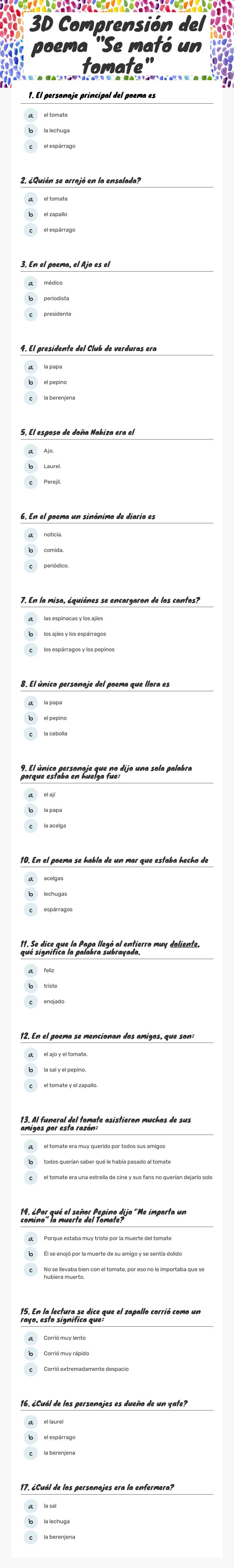 3D Comprensión del poema "Se mató un tomate" worksheet preview image
