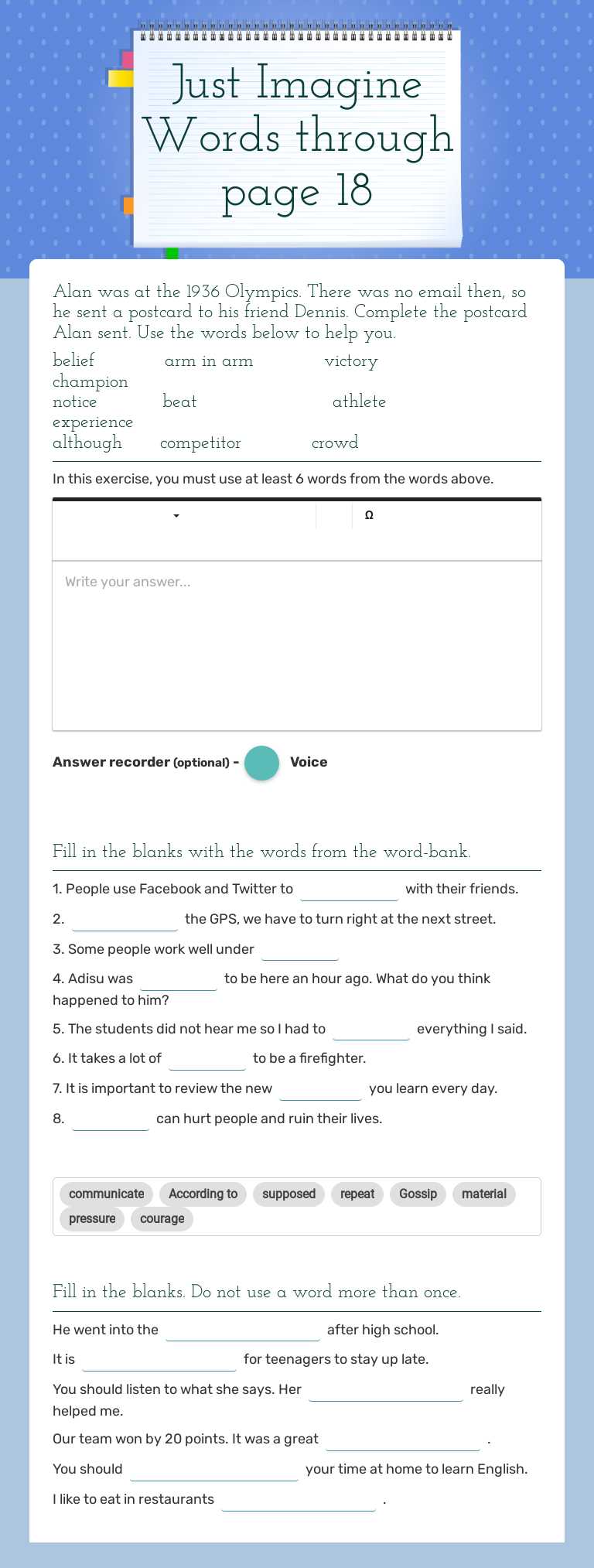 Just Imagine Words through page 18 Grade 9 worksheet preview