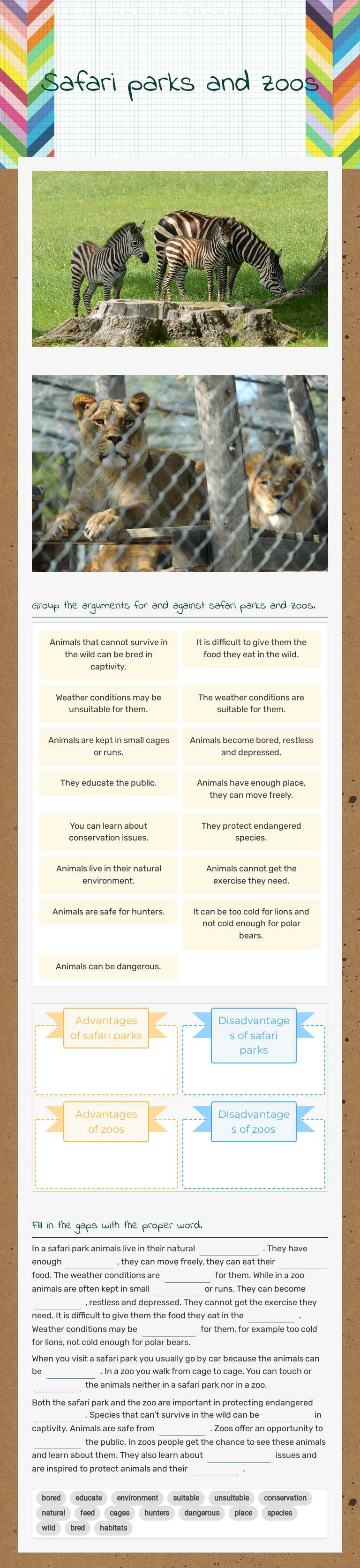 Safari parks and zoos worksheet preview image