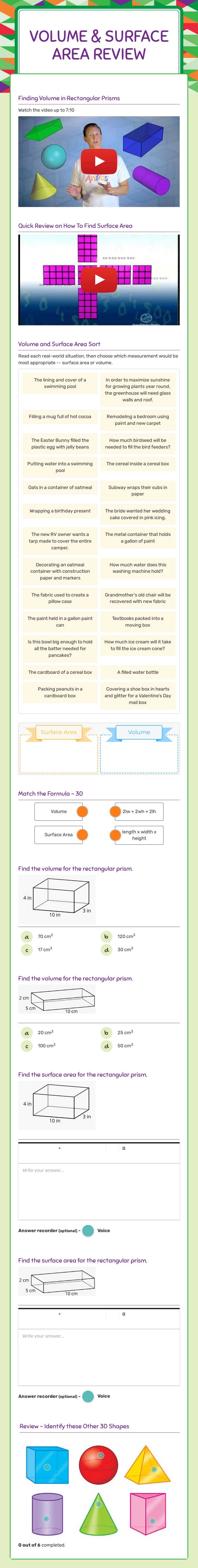 Volume & Surface Area Review worksheet preview image