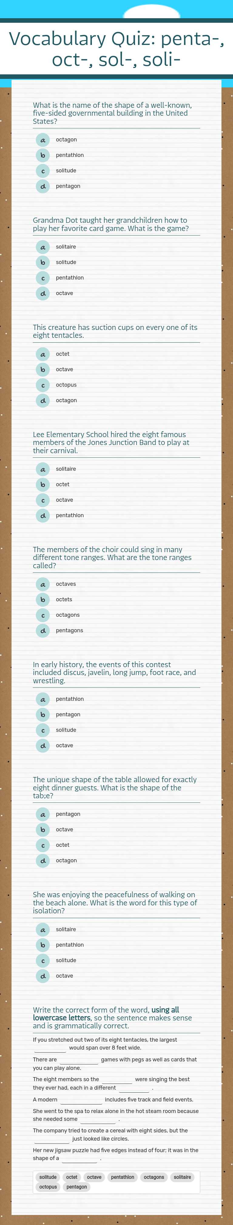 Vocabulary Quiz: penta-, oct-, sol-, soli- worksheet preview image
