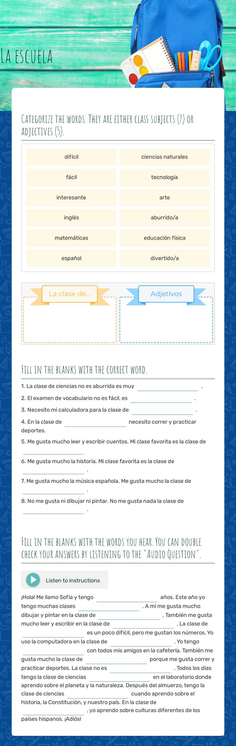 La escuela Grade 7 worksheet preview