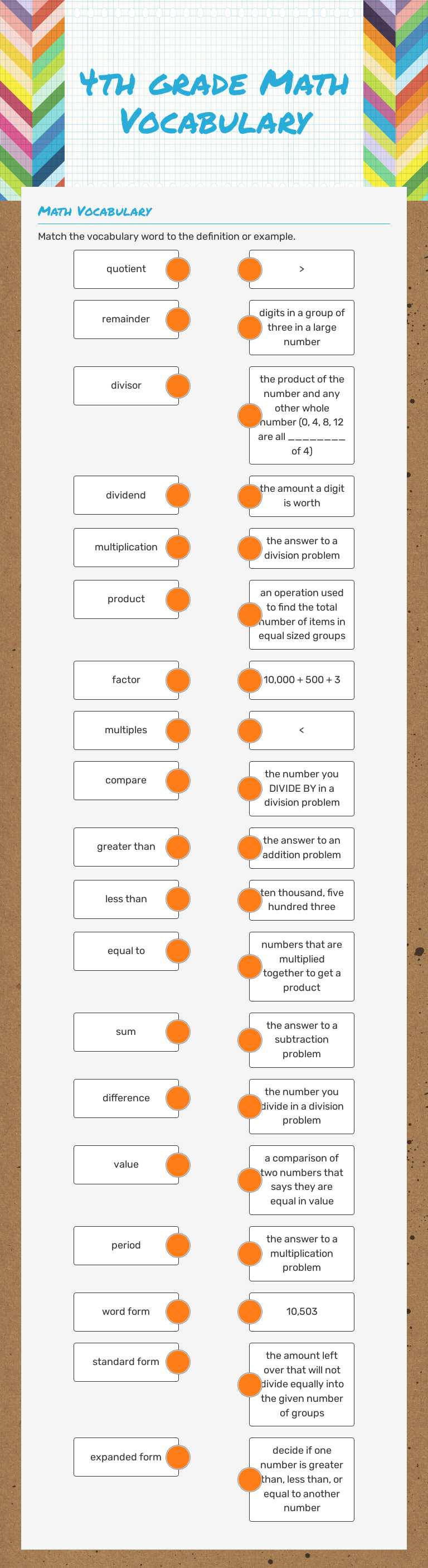 4th grade Math Vocabulary Grade 4 worksheet preview