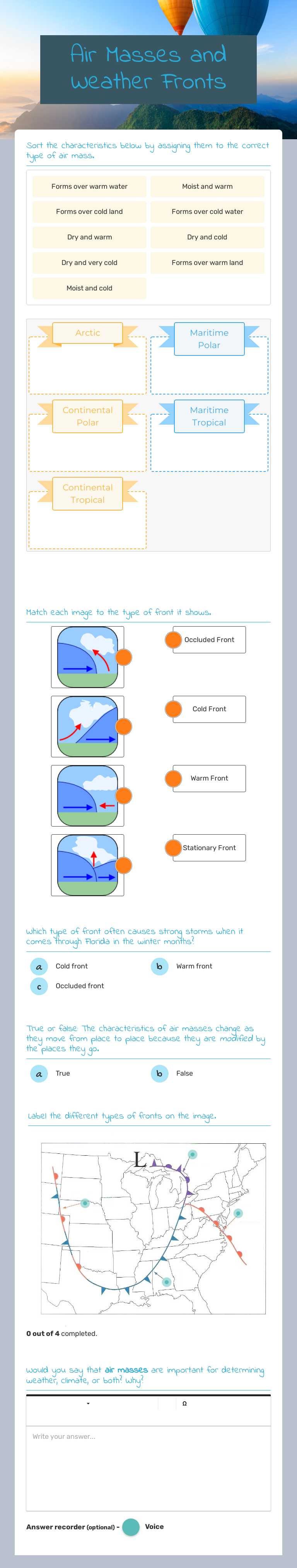 Air Masses and Weather Fronts worksheet preview image
