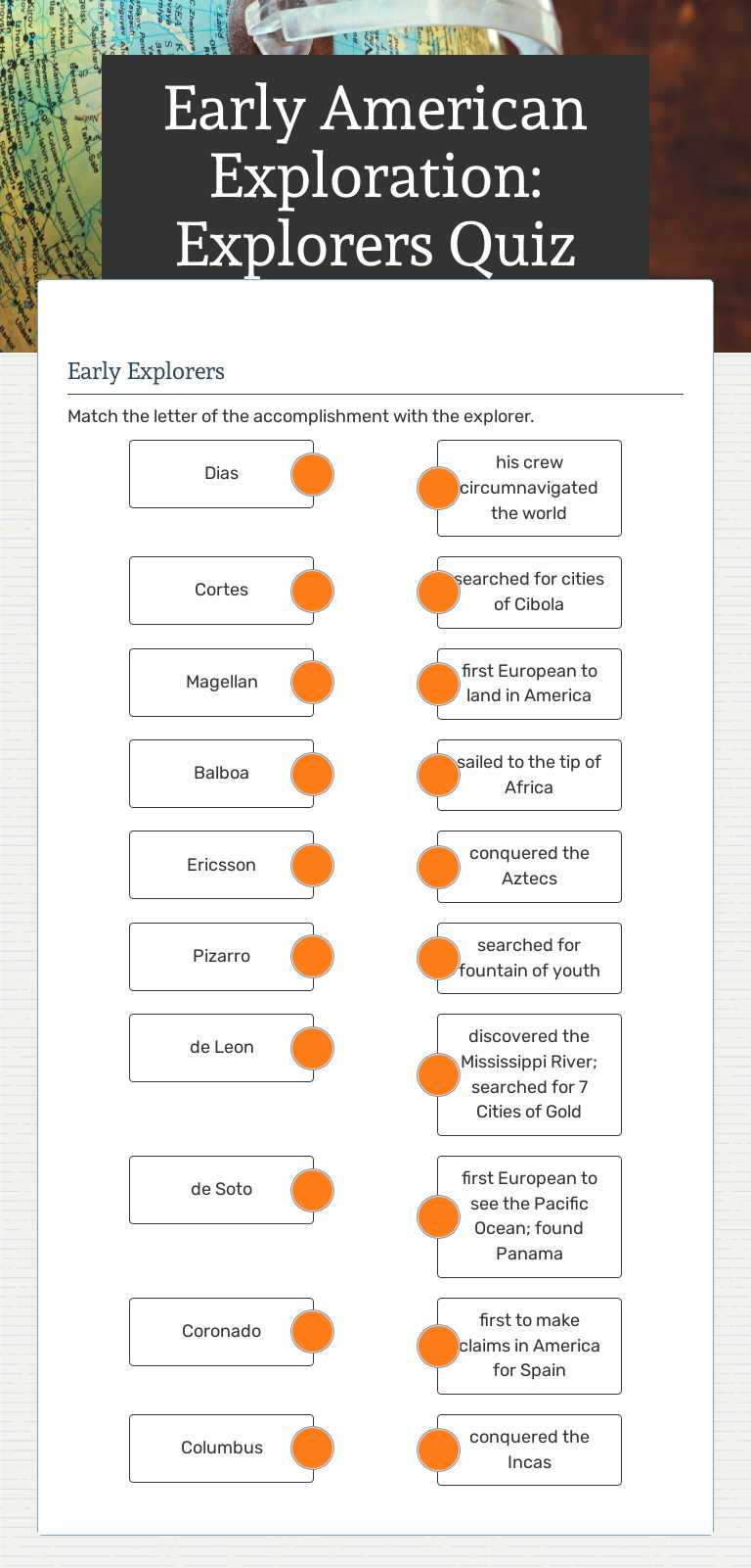 Early American Exploration: Explorers Quiz worksheet preview image