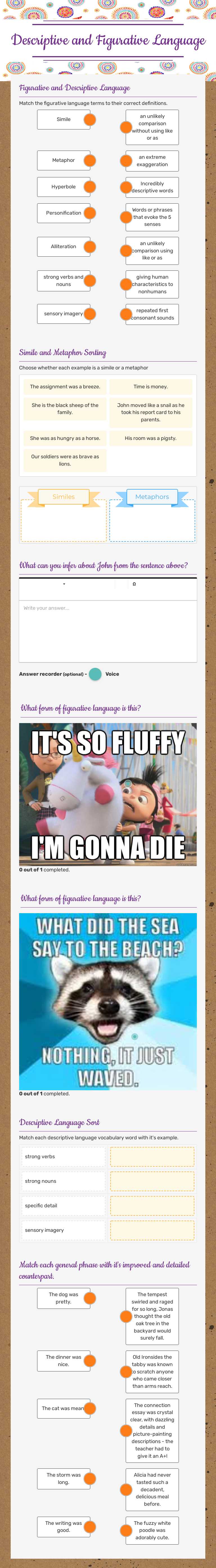 Descriptive and Figurative Language worksheet preview image