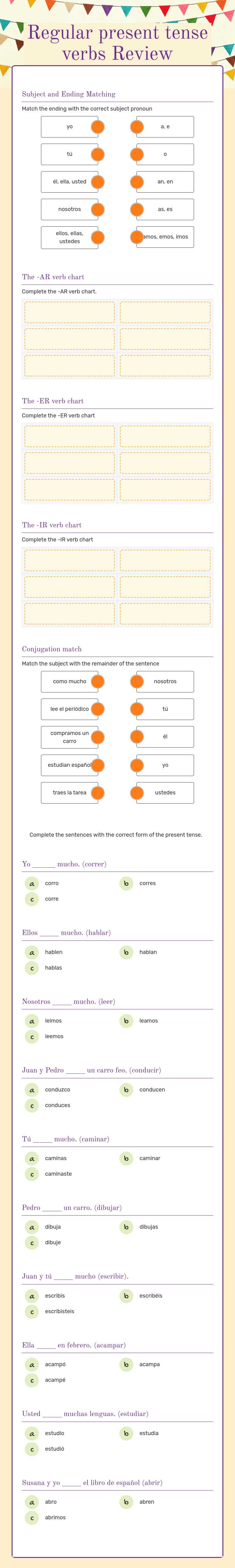Quiz regular present tense verbs worksheet preview image
