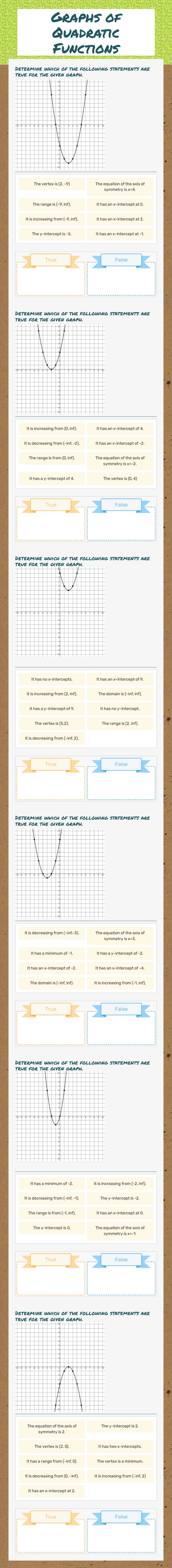 Graphs of Quadratic Functions worksheet preview image