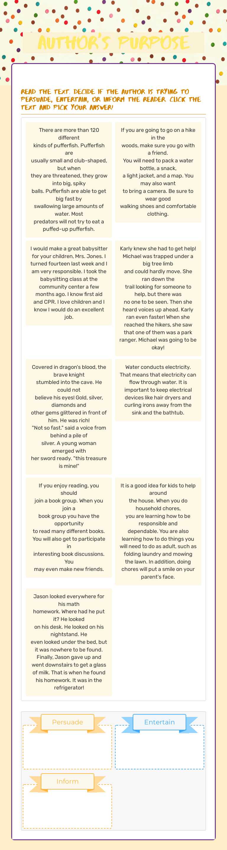 Author's Purpose Grade 3 worksheet preview
