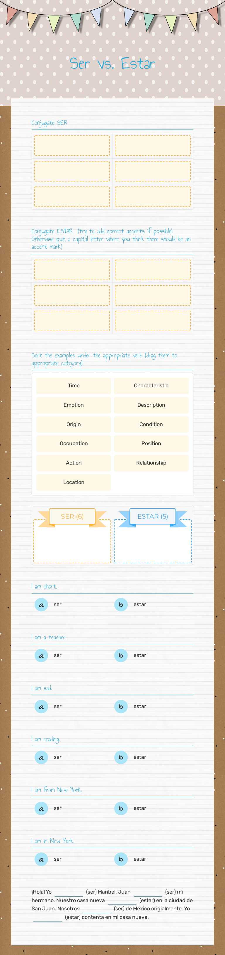 Ser vs. Estar Grade 8 worksheet preview