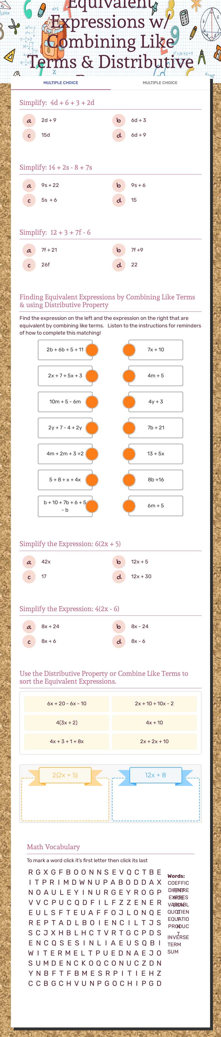 Equivalent Expressions w/ Combining Like Terms & Distributive Property worksheet preview image
