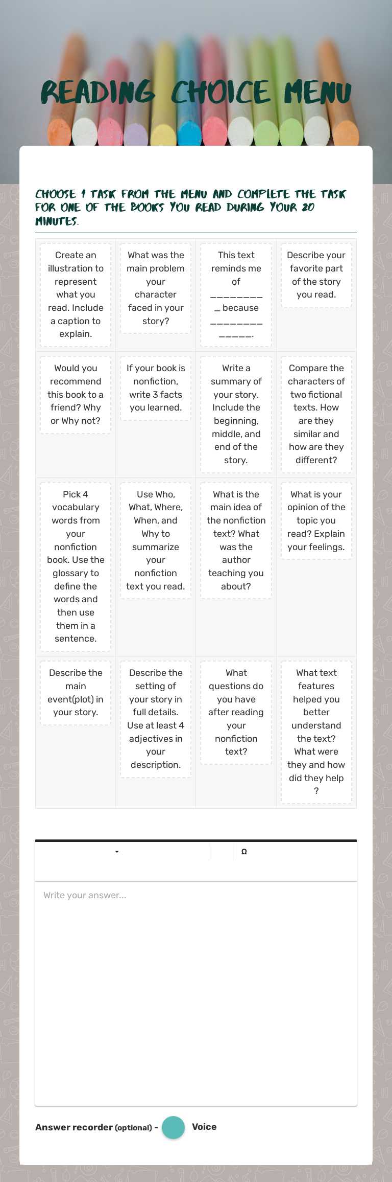 Reading Choice Menu Grade 1 worksheet preview