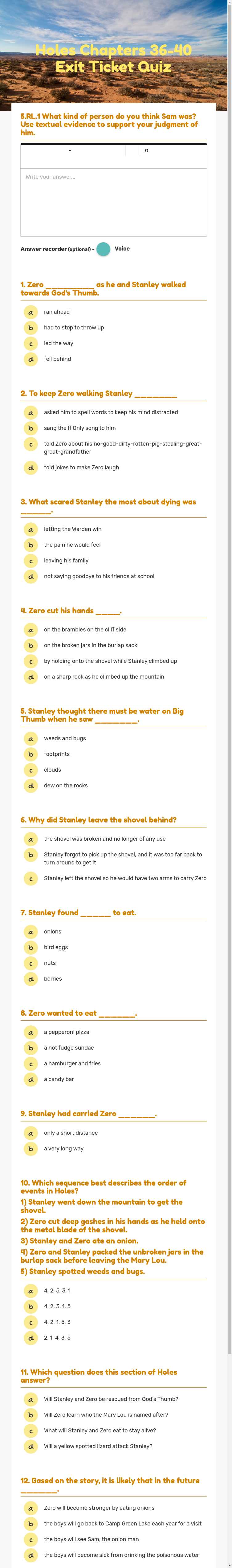 Holes Chapters 36-40 Exit Ticket Quiz worksheet preview image