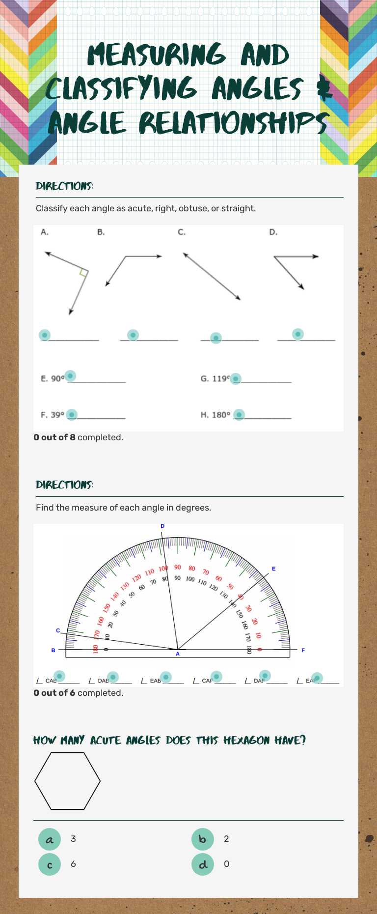 Measuring and Classifying Angles & Angle Relationships worksheet preview image