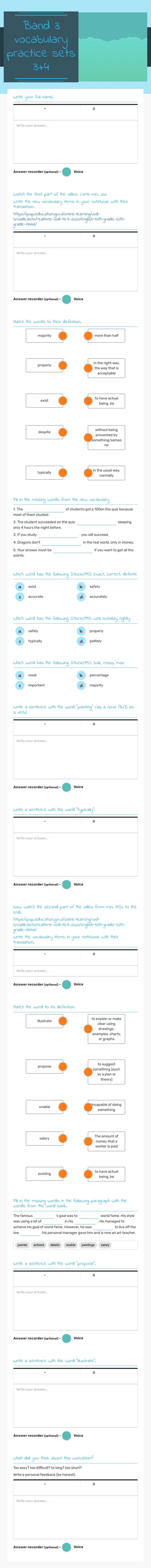 Band 3 vocabulary practice sets 3+4 worksheet preview image